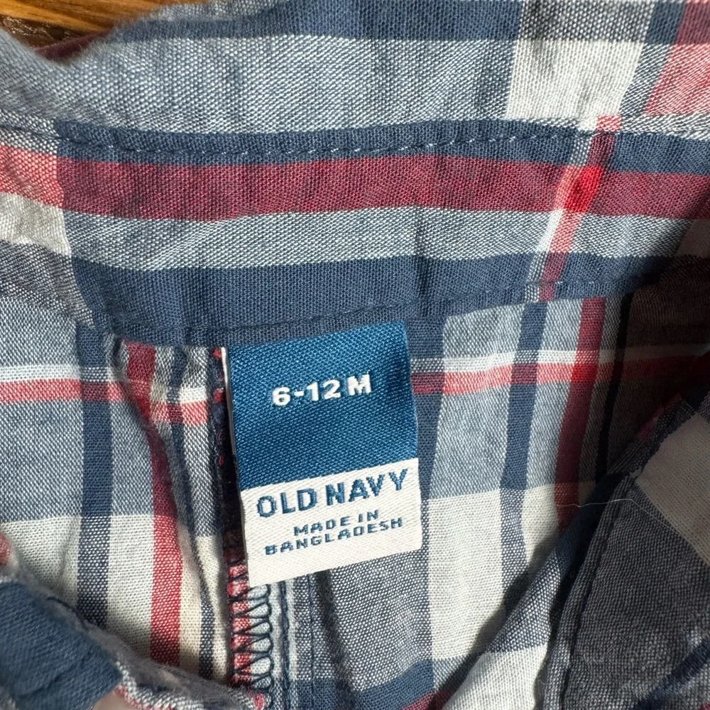 Old Navy 6-12 mo‎ short overalls with plaid short sleeve button down onesie